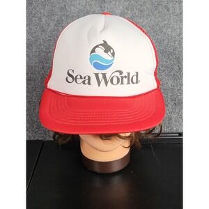 Vintage SeaWorld Trucker Hat 1987 Souvenir Snapback Red‎ White Waterpark Mesh